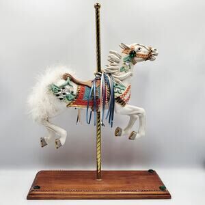 Tobin Fraley Carousel Horse Figurine Porcelain White Embellishment Wooden Stand